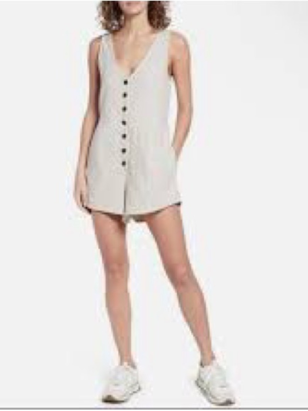 Madewell linen blend Sleeveless Button-Front Cream Romper with pockets